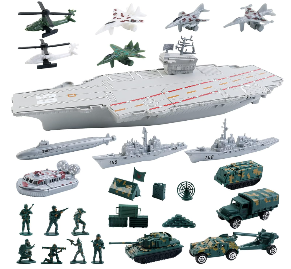 Aircraft Carrier Toy with Scale Model Warplanes Warships Military Vehicles Battleship Helicopter Planes Trucks Tank Army Men Toys for Kids Boys Girls 18 Inches