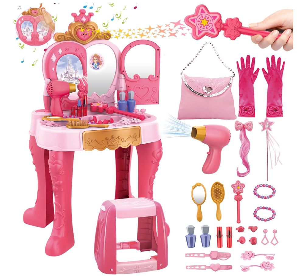 Toddler Vanity Makeup Table Toy with Mirror & Chair,Kids Vanity Playset with Lights,Pretend Play Makeup Toy with Hair Dryer Toy,Toddler Beauty Salon Set,Princess Dress Up Playset