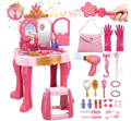 Toddler Vanity Makeup Table Toy with Mirror & Chair,Kids Vanity Playset with Lights,Pretend Play Makeup Toy with Hair Dryer Toy,Toddler Beauty Salon Set,Princess Dress Up Playset