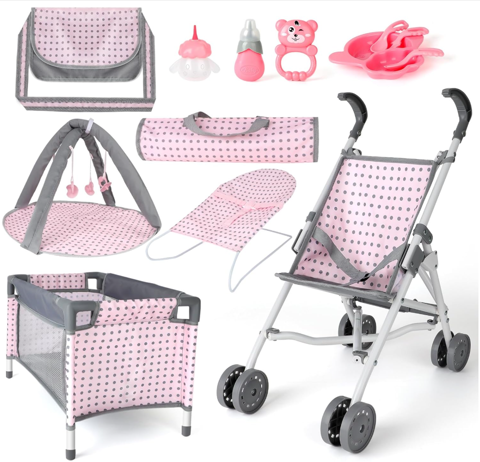 Baby Doll Stroller Crib Bed Nursery Role Play Set Baby Doll with Accessories and Play Mat,Travel Cot,Bouncer,Foldable Stroller and Travel Bag Gifts for Toddlers Girls Boys