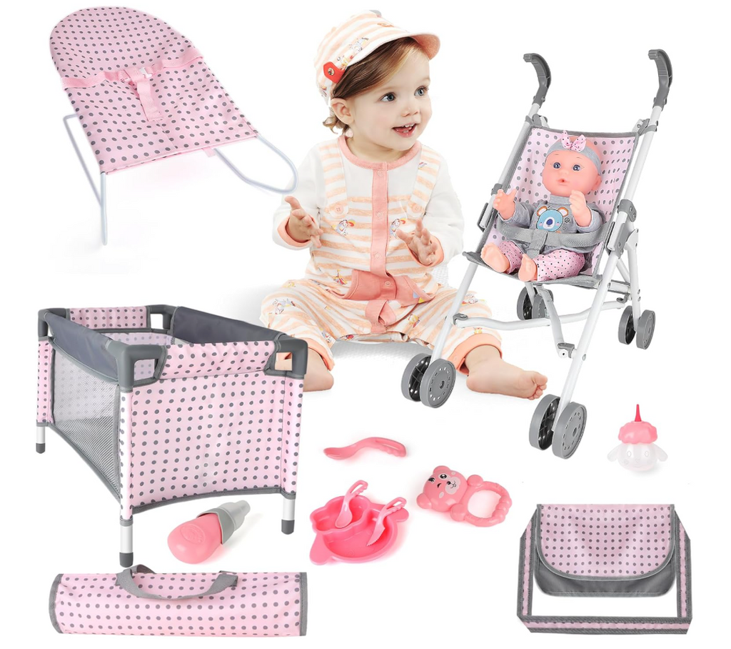 Baby Doll Stroller Crib Bed Nursery Role Play Set Baby Doll with Accessories and Play Mat,Travel Cot,Bouncer,Foldable Stroller and Travel Bag Gifts for Toddlers Girls Boys