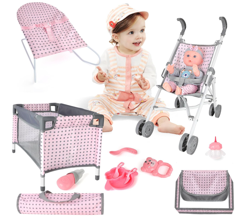 Baby Doll Stroller Crib Bed Nursery Role Play Set Baby Doll with Accessories and Play Mat,Travel Cot,Bouncer,Foldable Stroller and Travel Bag Gifts for Toddlers Girls Boys