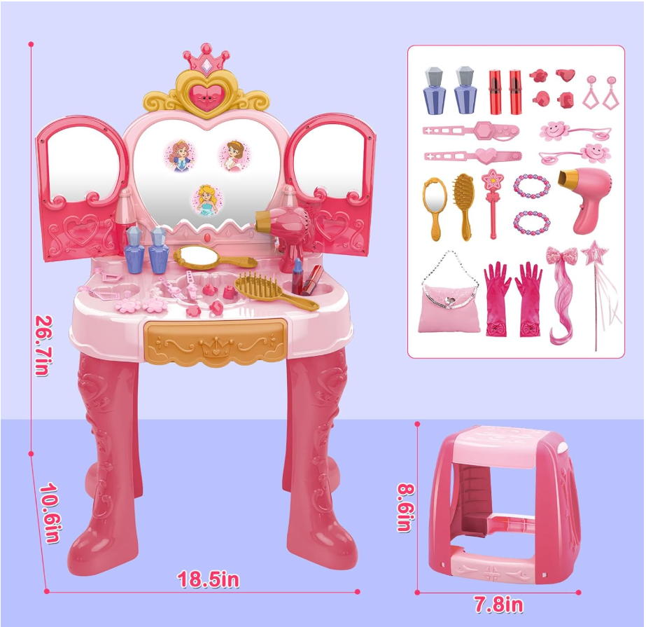 Toddler Vanity Makeup Table Toy with Mirror & Chair,Kids Vanity Playset with Lights,Pretend Play Makeup Toy with Hair Dryer Toy,Toddler Beauty Salon Set,Princess Dress Up Playset