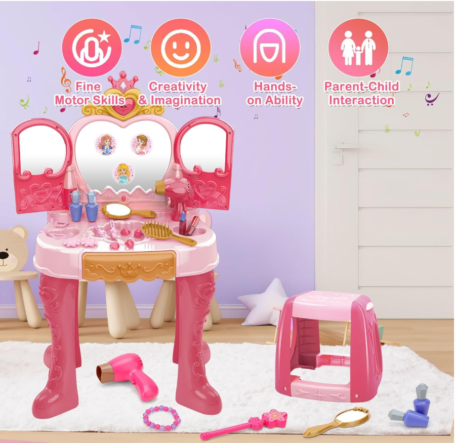 Toddler Vanity Makeup Table Toy with Mirror & Chair,Kids Vanity Playset with Lights,Pretend Play Makeup Toy with Hair Dryer Toy,Toddler Beauty Salon Set,Princess Dress Up Playset