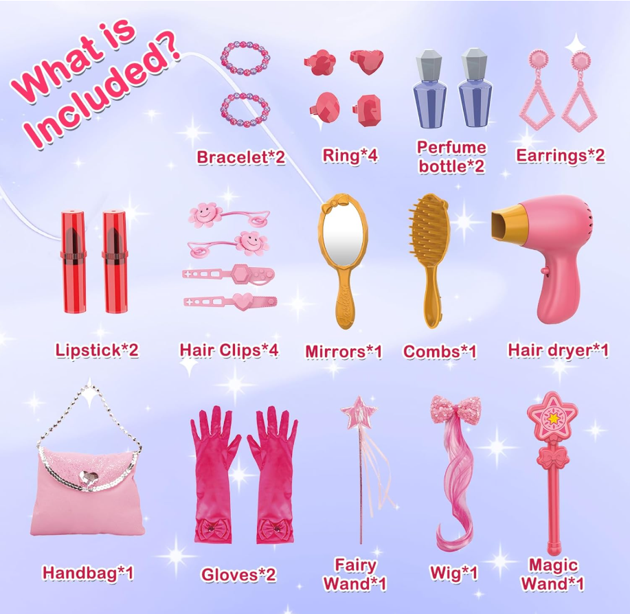 Toddler Vanity Makeup Table Toy with Mirror & Chair,Kids Vanity Playset with Lights,Pretend Play Makeup Toy with Hair Dryer Toy,Toddler Beauty Salon Set,Princess Dress Up Playset